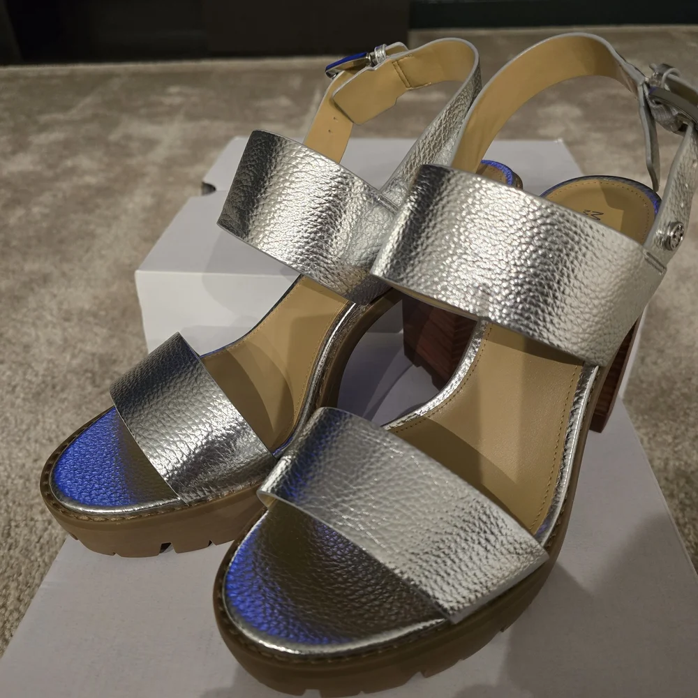 Michael Kors Silver Textured Leather Block Heel Sandals